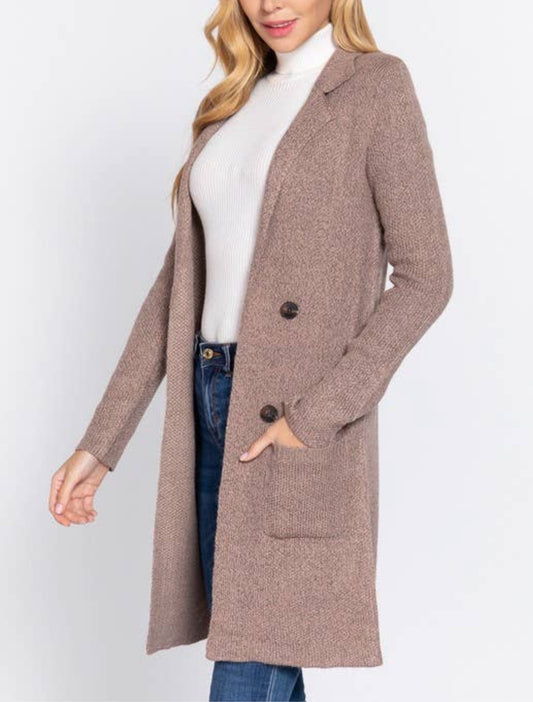 Notched Collar Sweater Coat w/Pockets